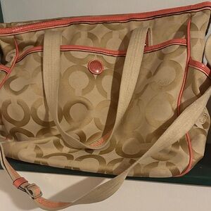 Coach Beige and Coral Signature Tote